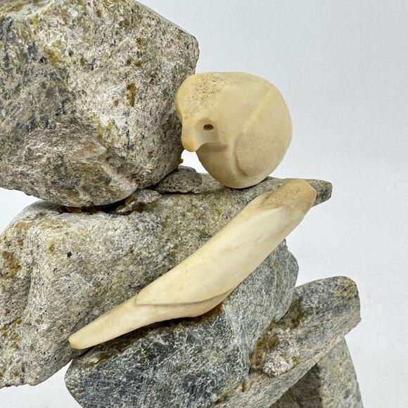 Inuit Hand Carved Inukshuk Sculpture with Birds by GYTA EESEEMAILLE - Picture 5 of 8